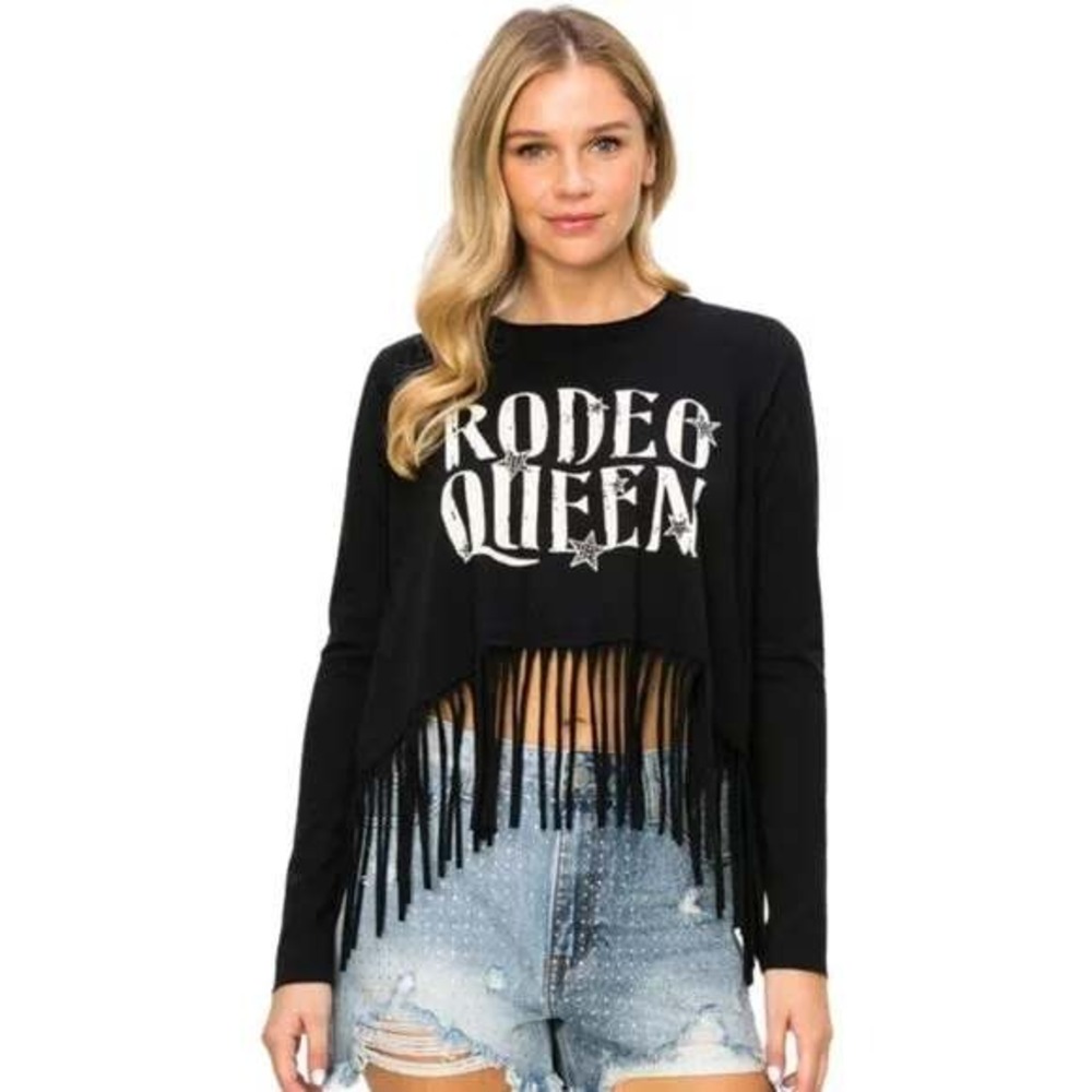 VOCAL Black Long Sleeve Rodeo Queen Fringed Crop Top Shirt Women's Size M NWT